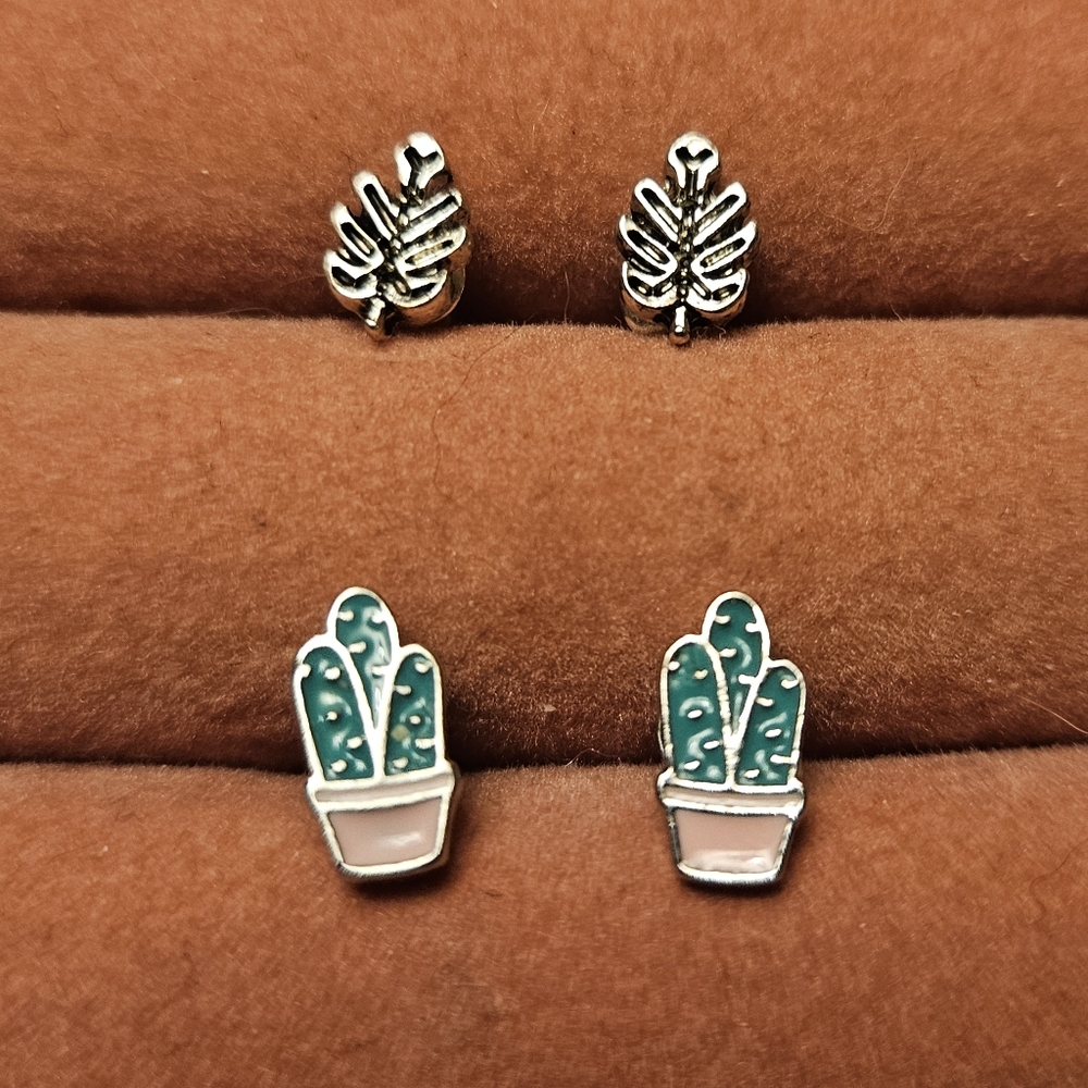 Cactus and Leaf Stud Earrings Set